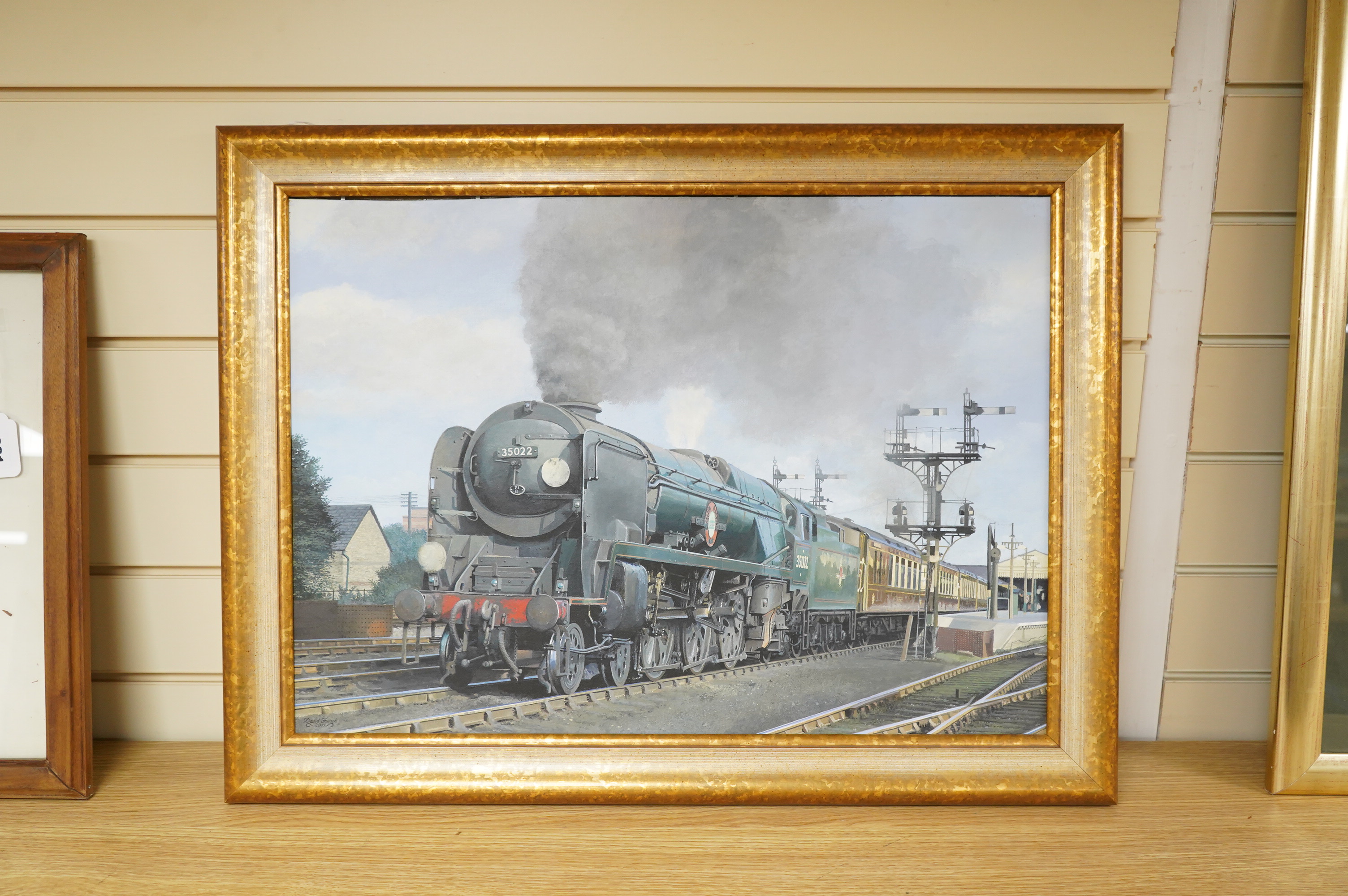 David French, oil on board, a portrait of the BR railway locomotive Merchant Navy Class No.35022, Holland America Line at Bournemouth West with a rake of Pullman cars, signed and dated 2011
